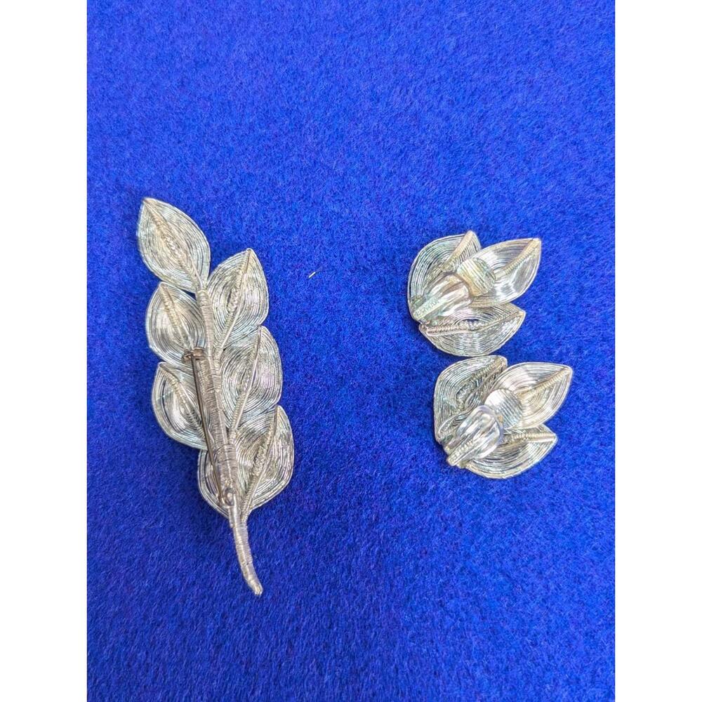 VTG Brooch & Earrings Set Silver Tone Spun Wire-Art Wrap Leaf-Branch 3” Germany - Picture 4 of 9